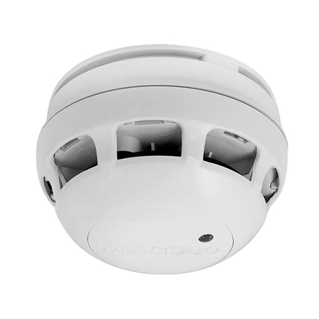 A white ceiling-mounted smoke detector with ventilation slots and a brand name MAGDUO on its front.