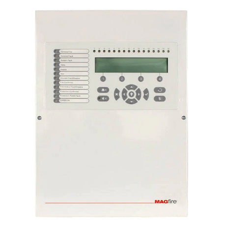 A white MAGfire control panel with a digital screen and buttons below. It features labeled indicators on the left for various systems, and a directional keypad for navigation.
