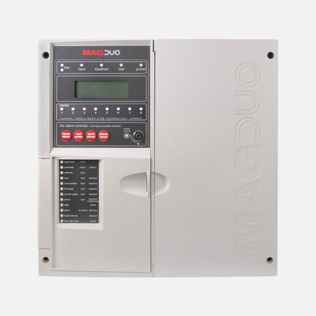 Fire alarm control panel labeled MAGDUO, featuring a digital display, buttons, and indicators for status alerts like fault, test, and power. The panel is gray with a door on the left side.