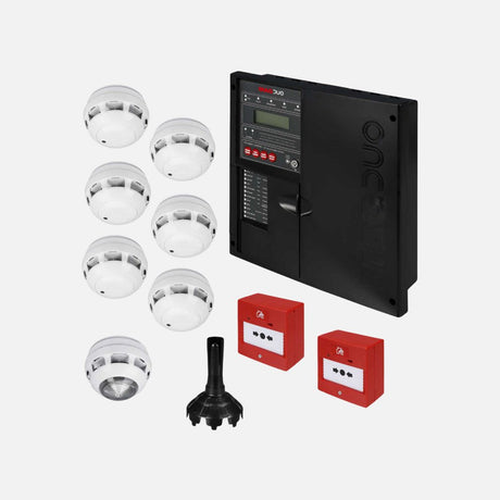 Black fire alarm control panel with the label MAGDUO. It features various buttons and indicators labeled for zones, fault, fire, and power status. The panel includes a hinged cover and a lock.