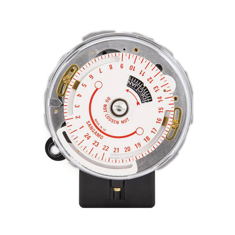Close-up of a round, metallic electrical timer with a white and red numbered dial. The center is labeled Sangamo. A black mounting base is partially visible at the bottom.