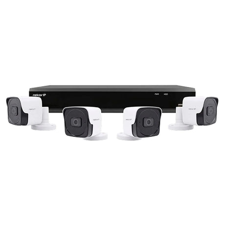 Five security cameras with a black rectangular recorder, arranged neatly on a plain background.