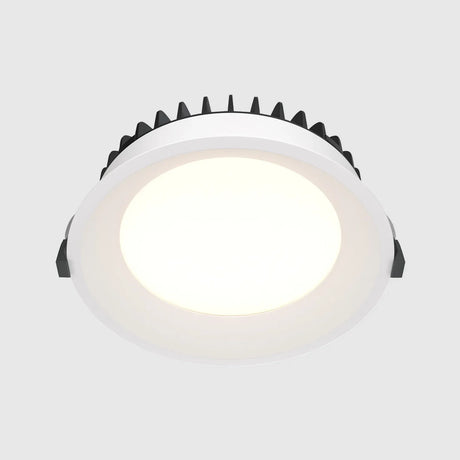 A round LED ceiling light with a white outer rim and black heat sink fins on top, emitting a bright white glow.