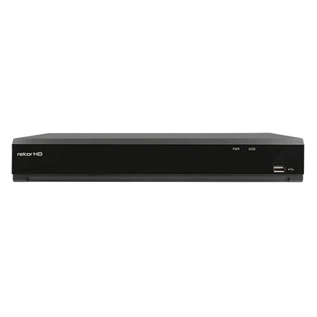 A black Rekor HD device with a sleek design. It has power (PWR) and hard drive (HDD) indicators on the front, along with a USB port.