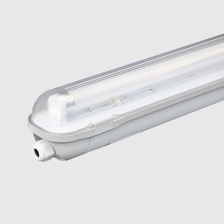 Close-up of a translucent LED tube light with a white protective casing. The light is angled, showcasing its mounting fixture and sleek design against a plain gray background.