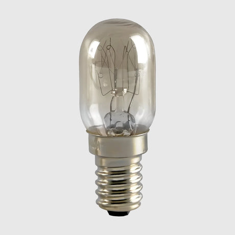 A single clear light bulb with a small screw base, showcasing visible filaments inside. It has a simple, cylindrical shape set against a plain background.