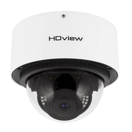 A white dome security camera with the label HDView is mounted on a surface. Its black lens is encased in a clear, protective cover.