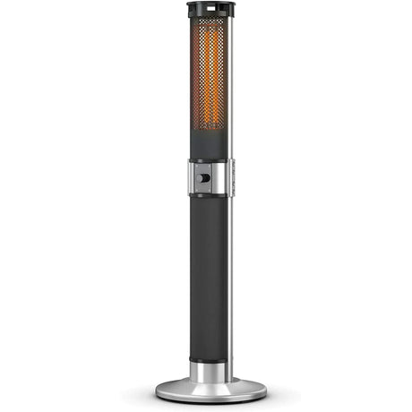 Tall, cylindrical outdoor patio heater with a metal base and mesh-covered heating element. It has a sleek black and silver design with a control knob in the middle section.