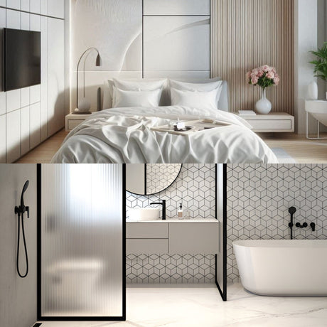 A modern bedroom and bathroom. The bedroom features a large bed, soft lighting, and minimalist decor. The bathroom has a geometric tile pattern, a white tub, and a sleek black-framed shower partition.