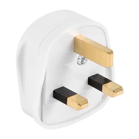 A white UK three-pin electrical plug with gold-colored prongs on a white background.