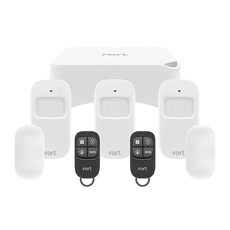 Security system set including a white central hub, three motion sensors, two key fobs with multiple buttons, and two door/window sensors. All items are branded with Fort and are arranged on a white surface.