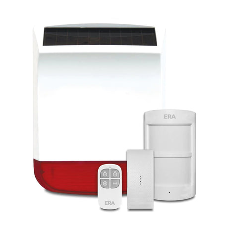 A home security system with a white and red alarm box, a remote control with four buttons, a white motion detector, and a small rectangular sensor.