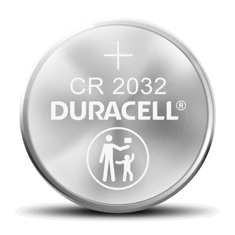 Close-up of a Duracell CR 2032 coin cell battery. The top features the Duracell logo, battery type, and a safety icon showing an adult handing something to a child.