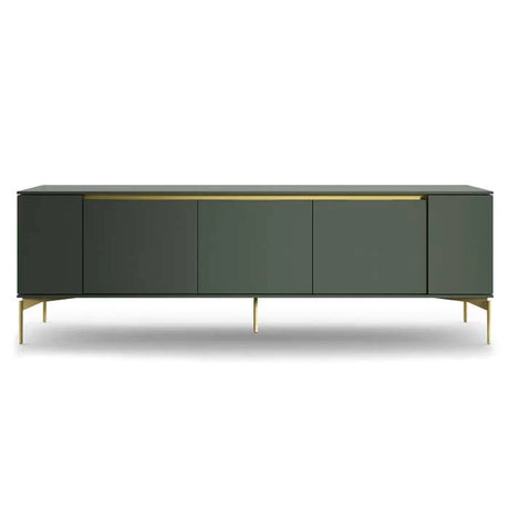 A sleek, modern green sideboard with gold accents and four cabinet doors, standing on thin gold legs.
