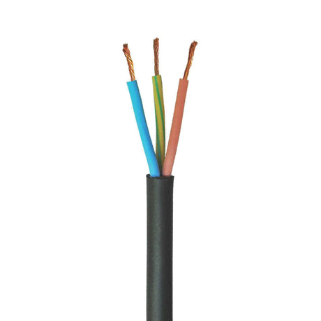 A black cable with three exposed copper wires at the end, each insulated with a different color: blue, green-yellow, and brown, against a white background.