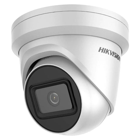 A white Hikvision security camera with a sleek, modern design, featuring a black lens.
