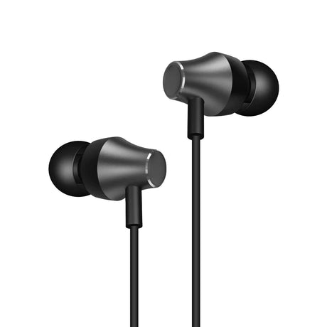 Black and silver in-ear headphones with black ear tips and wires, isolated on a white background.