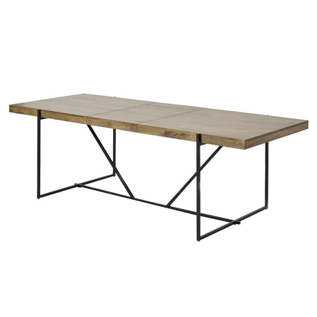 A modern rectangular wooden table with a minimalist design, featuring a light brown top and black metal legs that form geometric shapes.