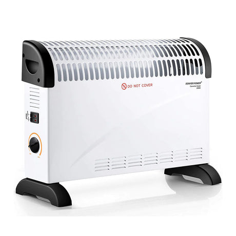 White convection heater with black handles and base. Features a Do Not Cover warning on the front, a control dial on the side, and a vented design for heat distribution.