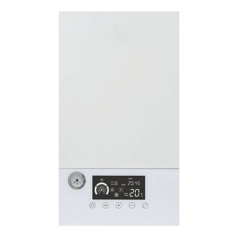 White boiler unit with a digital display showing temperature settings, time, and pressure gauge. Four buttons are below the display for control functions.