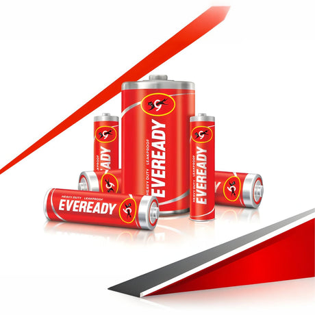 Red background with the white text EVEREADY and a stylized black cat logo beneath the letters. A red lightning bolt is incorporated into the design.