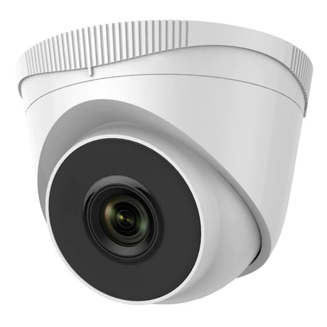 White dome security camera with a black lens, angled downward. The camera has a modern design with a smooth finish and subtle detailing on the upper edge. The lens is centered within the dome.