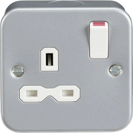 A gray electrical socket with a white switch and three universal plug holes, set in a square frame with two screws visible. The switch is in the off position, highlighted with a red indicator.