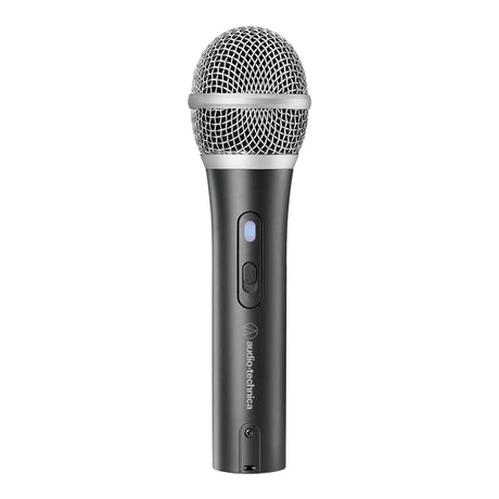 A black Audio-Technica handheld microphone with a silver mesh grille and a small blue indicator light on the handle.