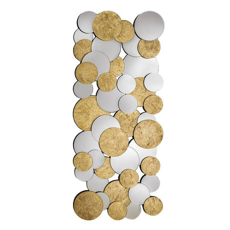 Wall decor featuring an arrangement of overlapping circular mirrors and textured gold-colored discs, creating a modern and artistic pattern.