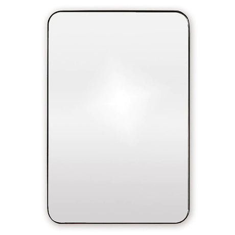 A rectangular mirror with rounded corners and a thin black frame. The surface reflects light, creating a bright spot in the center. The background is white, highlighting the mirrors sleek, minimalist design.