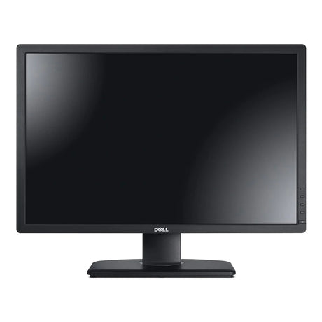A Dell computer monitor with a black screen, featuring a simple rectangular design. The power button and additional controls are located on the lower right of the frame.