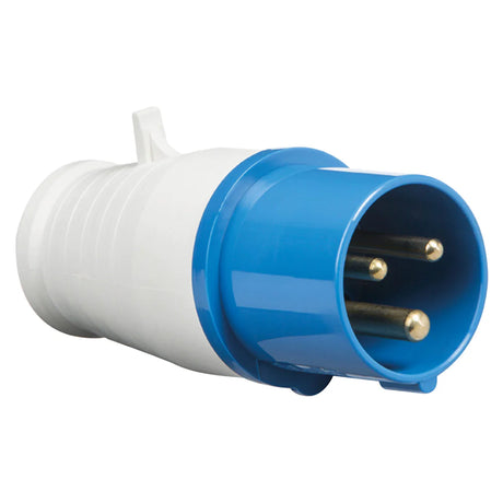 A blue and white industrial plug with three metal prongs, designed for heavy-duty electrical connections. The plug has a ribbed exterior for grip and a hook-like feature for secure attachment.