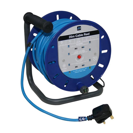 A blue cable reel with a 25-meter extension cord is on a gray metal stand. It has a black handle and a UK plug. Multiple power sockets are visible on the front.