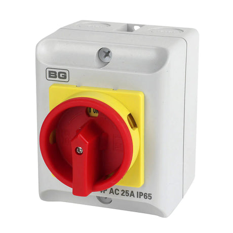 A gray electrical rotary isolator switch with a red handle and yellow panel. The switch has the label BG on top and IP65 near the bottom, indicating its weather-resistant rating.