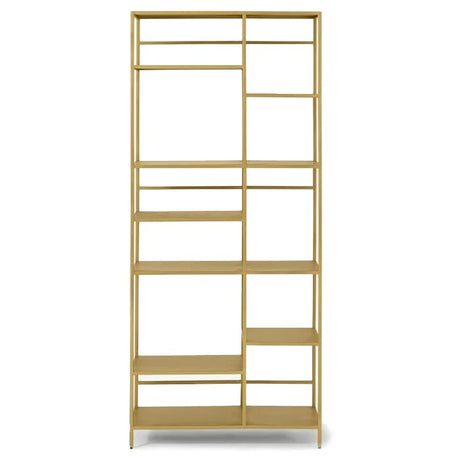 Wooden bookshelf with a tall, open-frame design, featuring a mix of small and large rectangular shelves in a minimalist, asymmetrical arrangement.