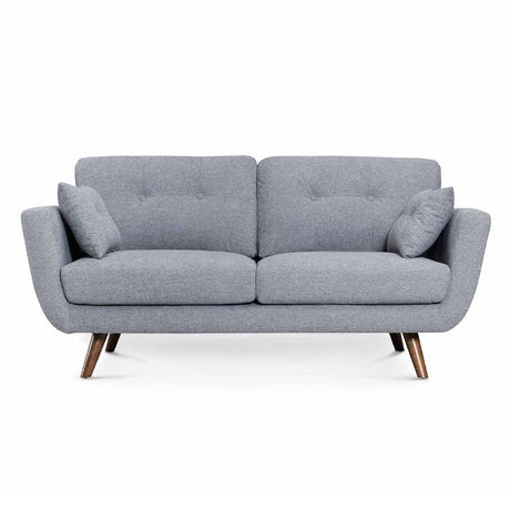 A modern gray loveseat with sleek wooden legs, featuring a mid-century design. The sofa has two matching cushions and a tufted backrest, creating a stylish and comfortable seating option.