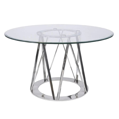 A round glass-top table with a modern design, featuring a metallic base composed of crisscrossed rods and a circular bottom frame.