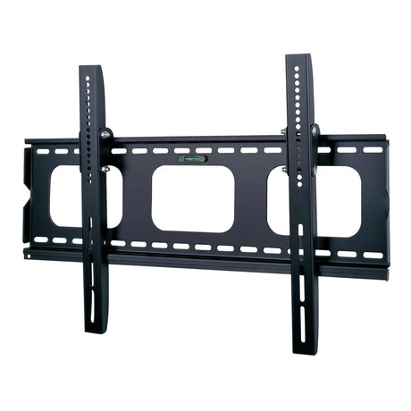 A black flat panel TV wall mount with adjustable brackets and multiple holes for screws, designed for securing large televisions to a wall.