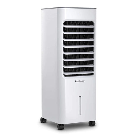 Portable white air cooler with louvered vents, a sleek design, and four caster wheels for easy mobility.