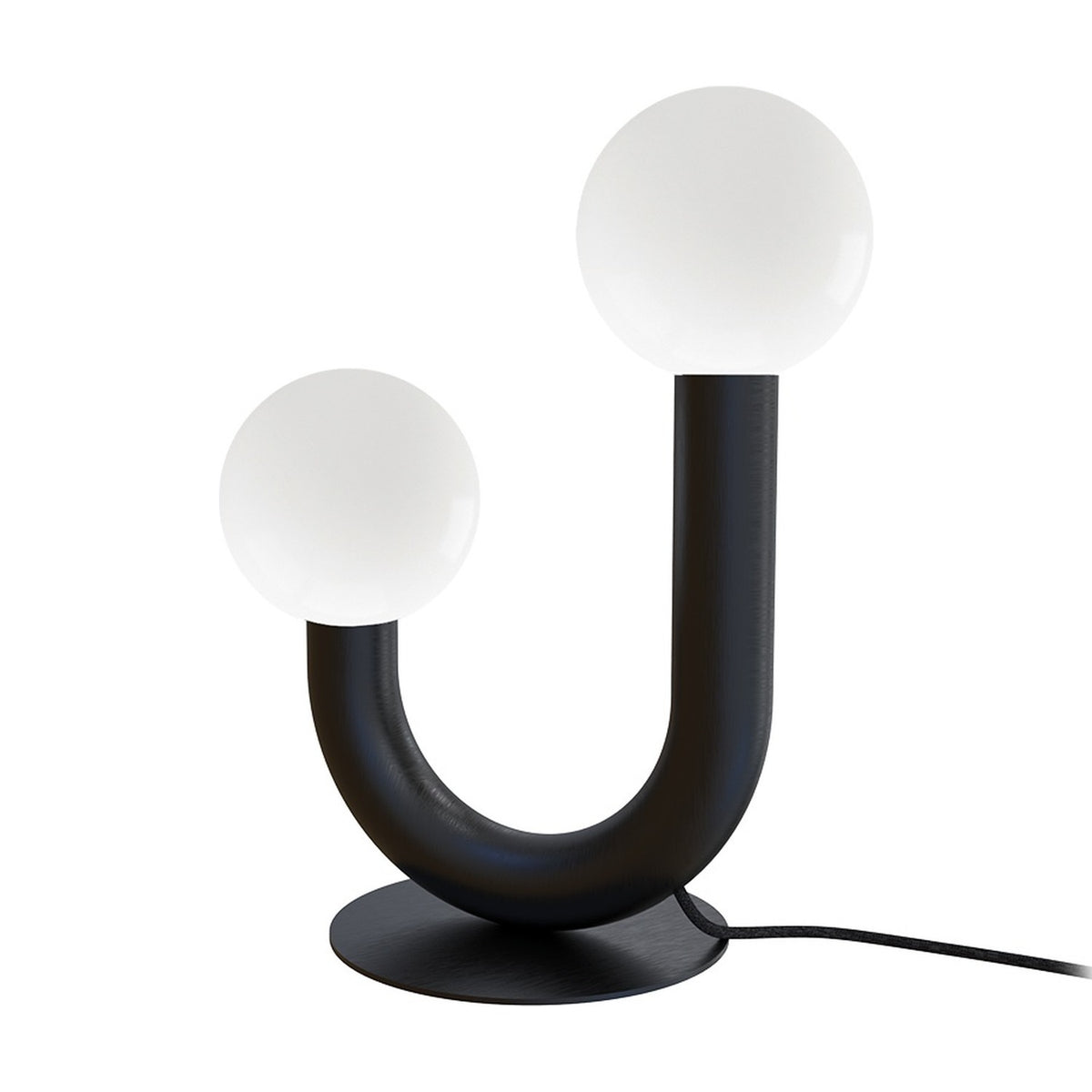 Rigoberta 2 Light Opal Glass Globe Table Lamp in matt black, curved U-shaped iron tube with two opal glass globes at uneven heights, round base, plain white background.