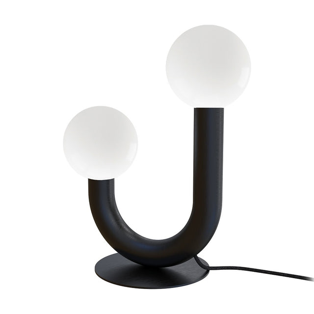 Rigoberta 2 Light Opal Glass Globe Table Lamp in matt black, curved U-shaped iron tube with two opal glass globes at uneven heights, round base, plain white background.