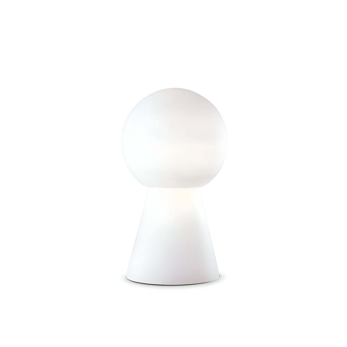 The Mars Large Table Lamp - White epitomizes modern sophistication through its minimalist design, showcasing a spherical top and cone-shaped base made from acid-etched white blown glass. It emits a gentle, diffused light to elevate any room.