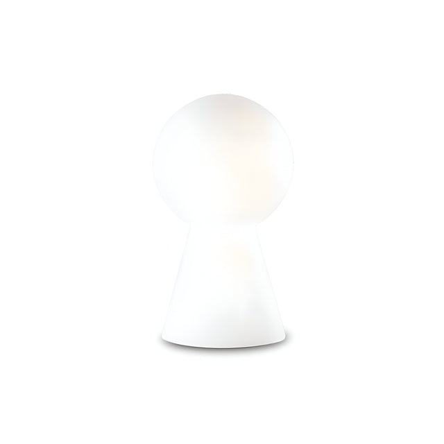 The Mars Small Table Lamp - White boasts a sleek, modern look with a white blown glass diffuser and a stylish chromed metal base, all beautifully set against a plain white background.