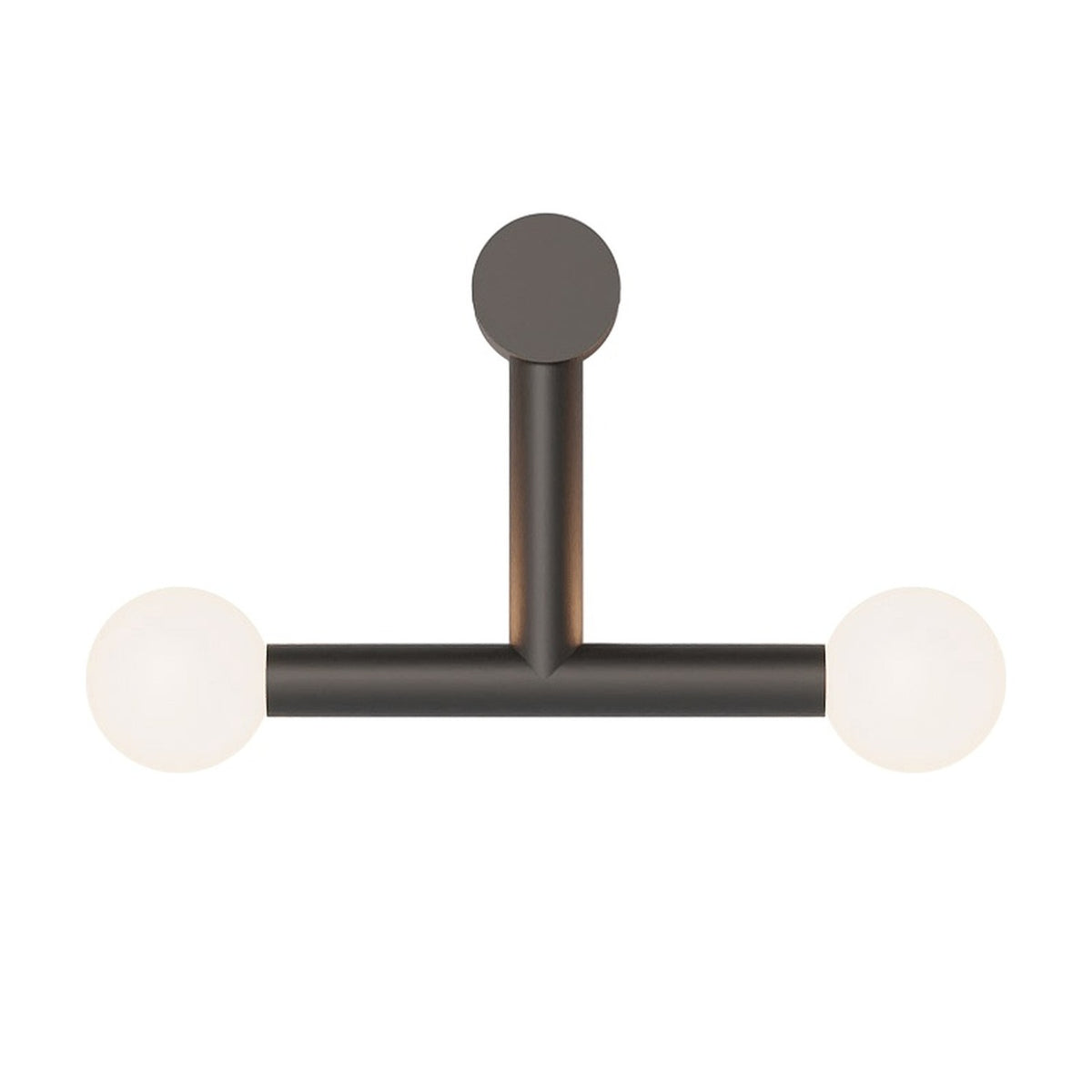 Rigoberta Trio wall light in matt black iron with a T-shaped bar and two opal glass globe shades, round wall plate, on a plain white background.