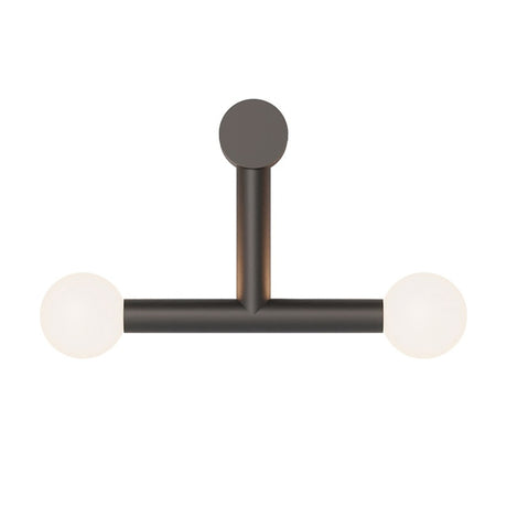 Rigoberta Trio wall light in matt black iron with a T-shaped bar and two opal glass globe shades, round wall plate, on a plain white background.