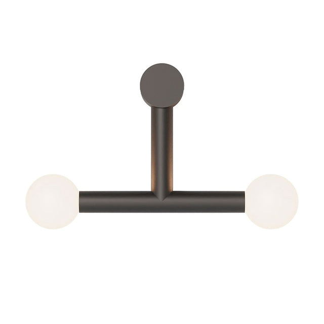 Rigoberta Trio wall light in matt black iron with a T-shaped bar and two opal glass globe shades, round wall plate, on a plain white background.