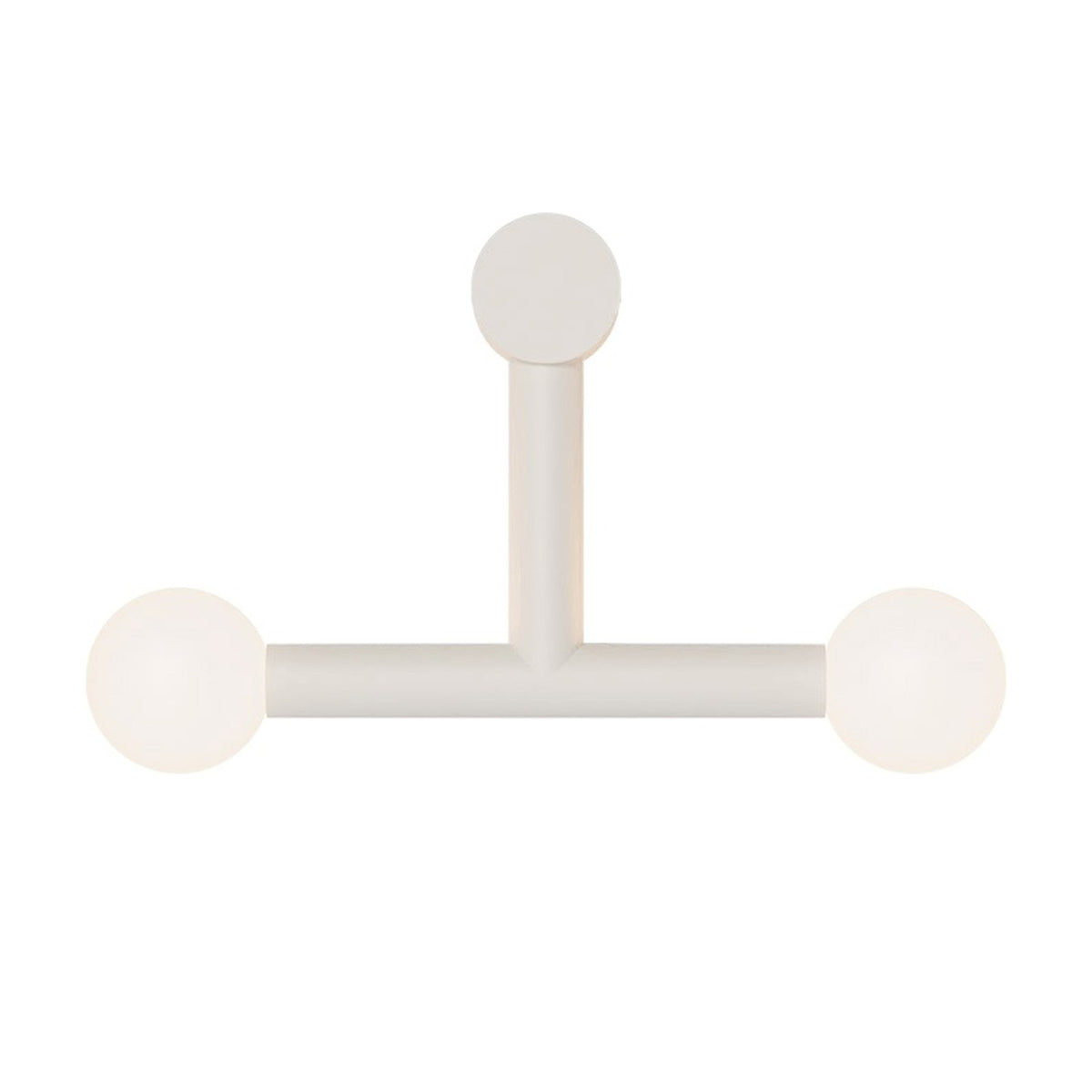 Rigoberta Trio wall light in matt white, T-shaped iron frame with round canopy and two opal glass globe shades, shown on a plain white background.