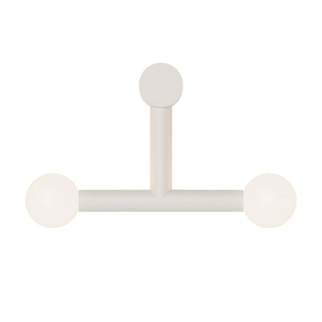 Rigoberta Trio wall light in matt white, T-shaped iron frame with round canopy and two opal glass globe shades, shown on a plain white background.