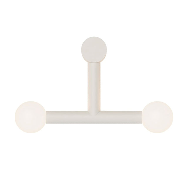 Rigoberta Trio wall light in matt white, T-shaped iron frame with round canopy and two opal glass globe shades, shown on a plain white background.