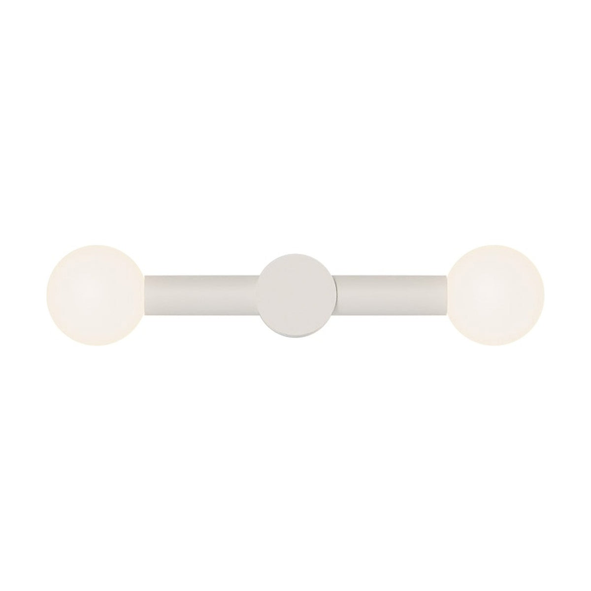 Rigoberta Duo Direct wall light with a matt white iron bar, round centre wall plate, and opal glass globe shades at each end, shown on a plain white background.
